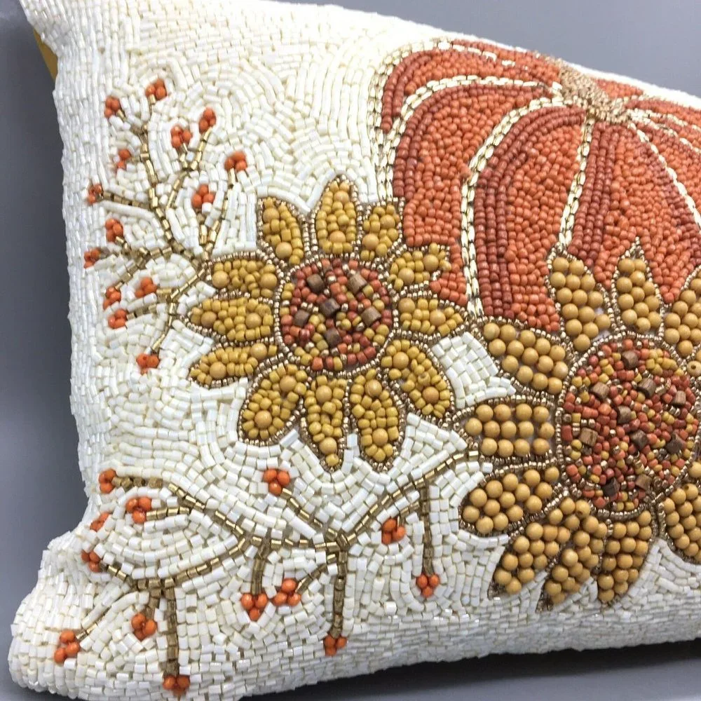 2 Autumn Hill Beaded Orange Pumpkin Sunflower Accent Pillow Set Fall Decor 12x16